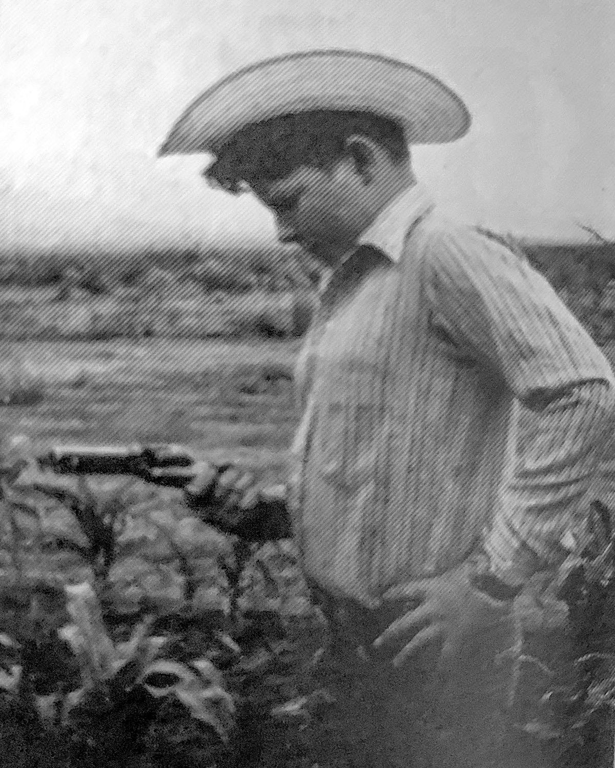 Young Bart holding the old Colt before its transformation, wondering if he made the right decision.